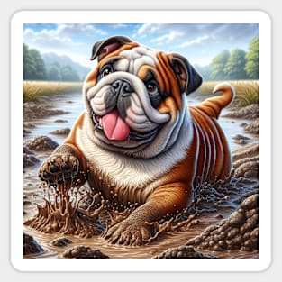 English Bulldog Playing in the Mud Sticker